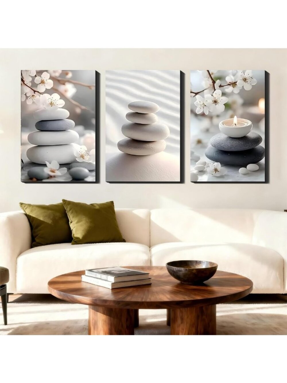 Framed 3 Panel Canvas Wall Art - Zen Decor, Neutral Stone & Flower Prints